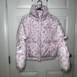 Madden Girl Juniors Bow Trim Coquette Fairy  Floral Pink PufferJacket